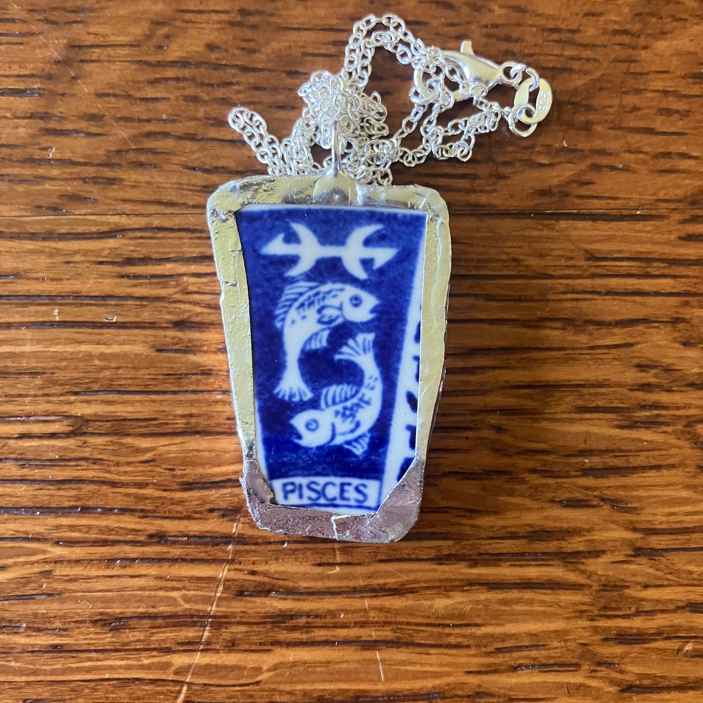 Artisan Made Pisces Pendant Repurposed Zodiac Calendar Plate Shard Unique Necklace 1in x 1.5in