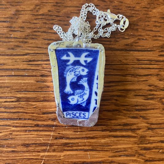 Artisan Made Pisces Pendant Repurposed Zodiac Calendar Plate Shard Unique Necklace 1in x 1.5in