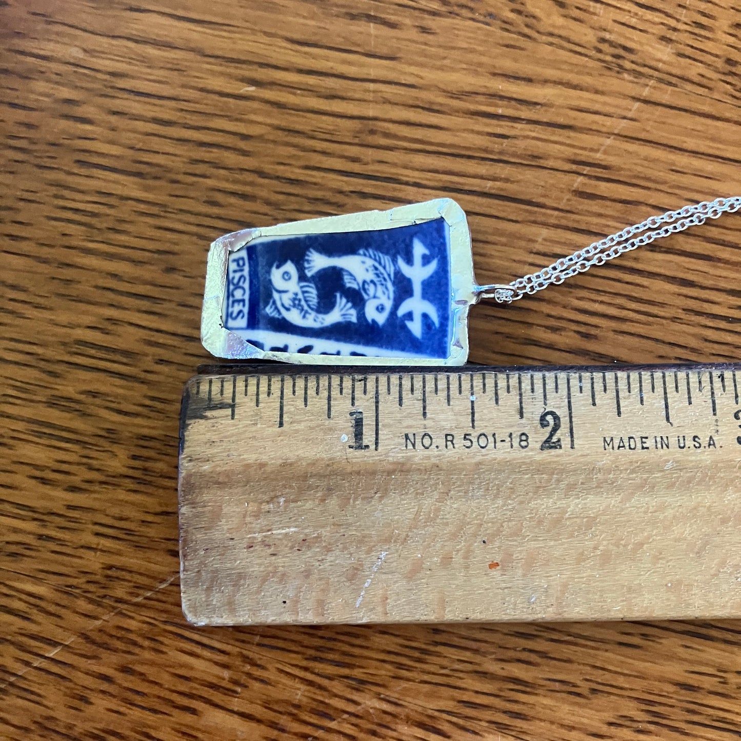 Artisan Made Pisces Pendant Repurposed Zodiac Calendar Plate Shard Unique Necklace 1in x 1.5in
