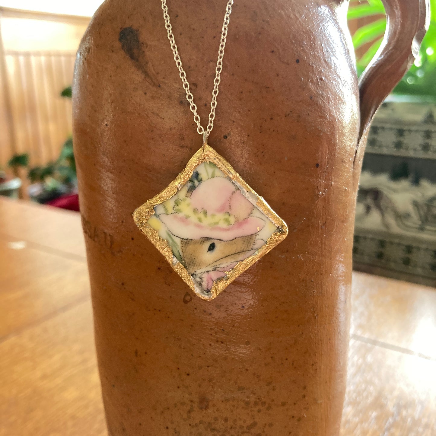 Broken Pottery Artisan Made Pendant Royal Kent Mouse Plate Handcrafted Necklace 1.5 in x 1.5 in