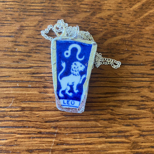 Artisan Made Leo Pendant Repurposed Zodiac Calendar Plate Shard Unique Necklace 7/8in x 1.5in