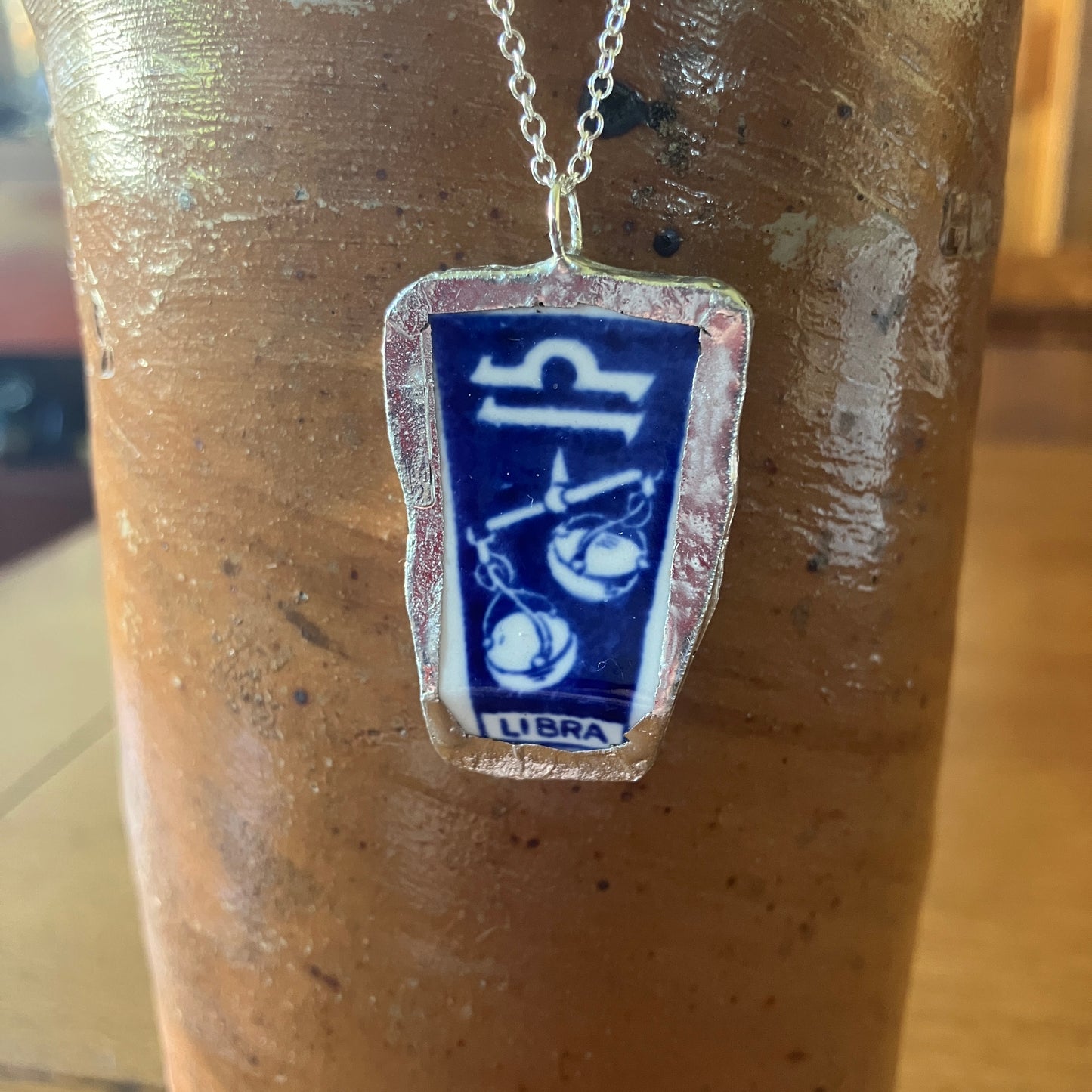 Artisan Made Libra Pendant Repurposed Zodiac Calendar Plate Shard Unique Necklace 1in x 1.5in