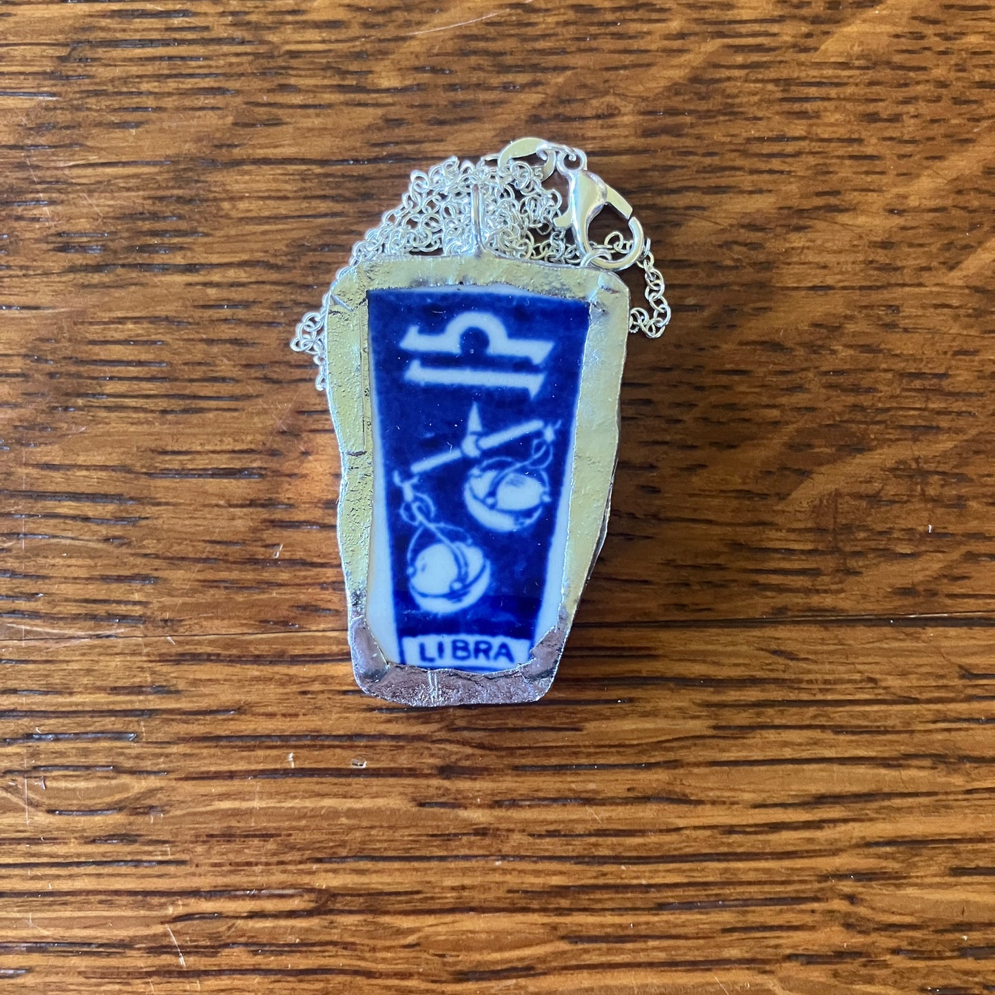 Artisan Made Libra Pendant Repurposed Zodiac Calendar Plate Shard Unique Necklace 1in x 1.5in
