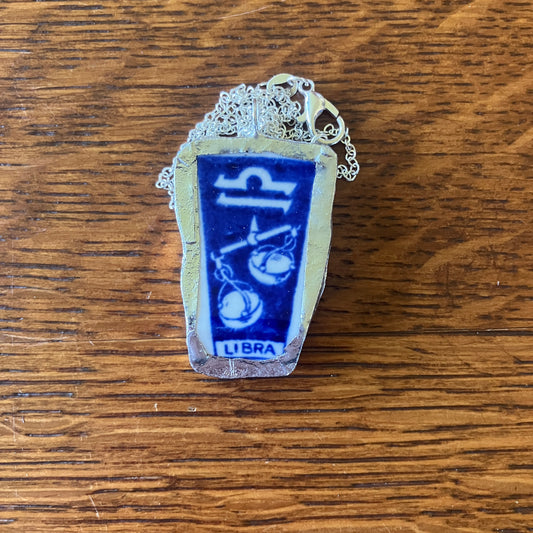 Artisan Made Libra Pendant Repurposed Zodiac Calendar Plate Shard Unique Necklace 1in x 1.5in