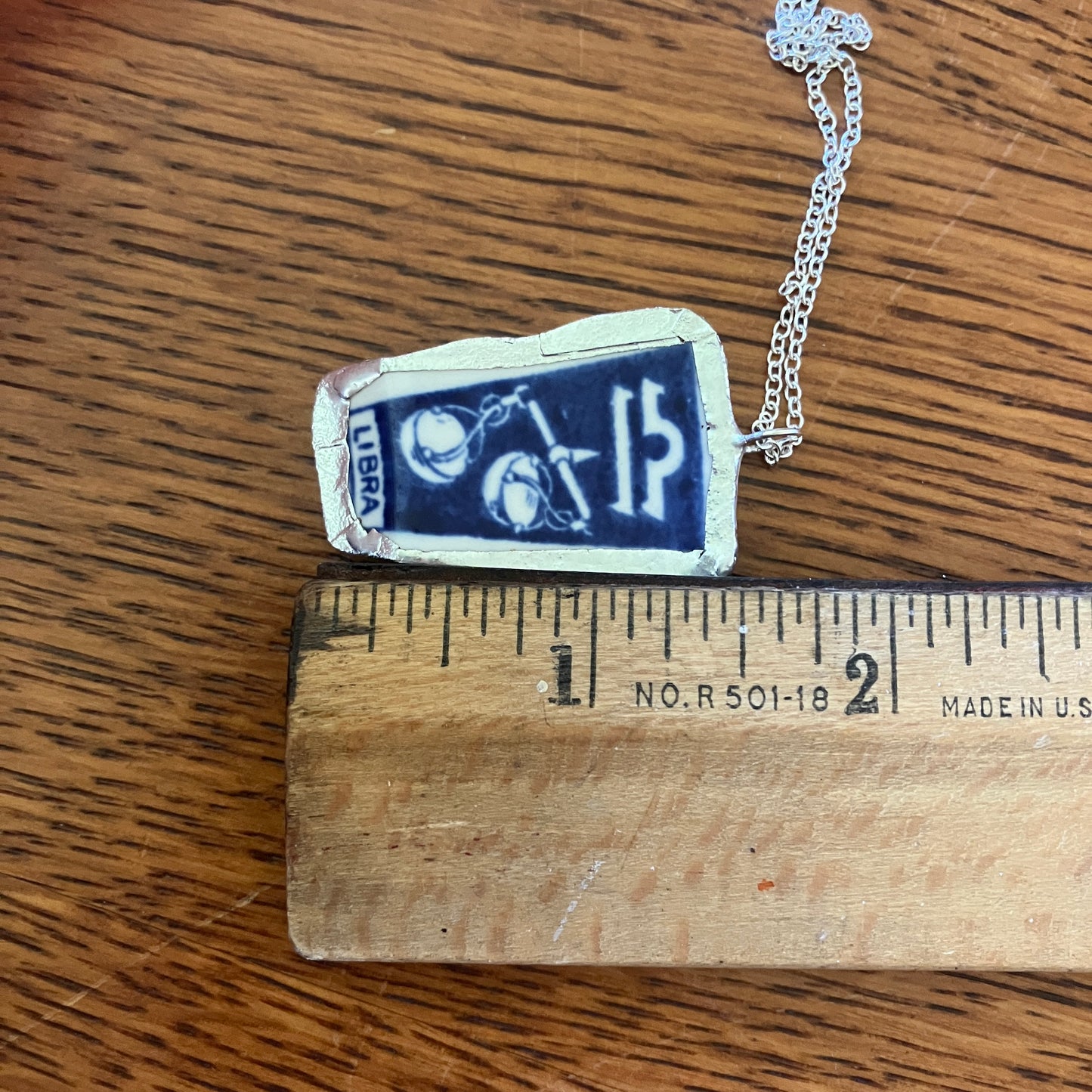 Artisan Made Libra Pendant Repurposed Zodiac Calendar Plate Shard Unique Necklace 1in x 1.5in