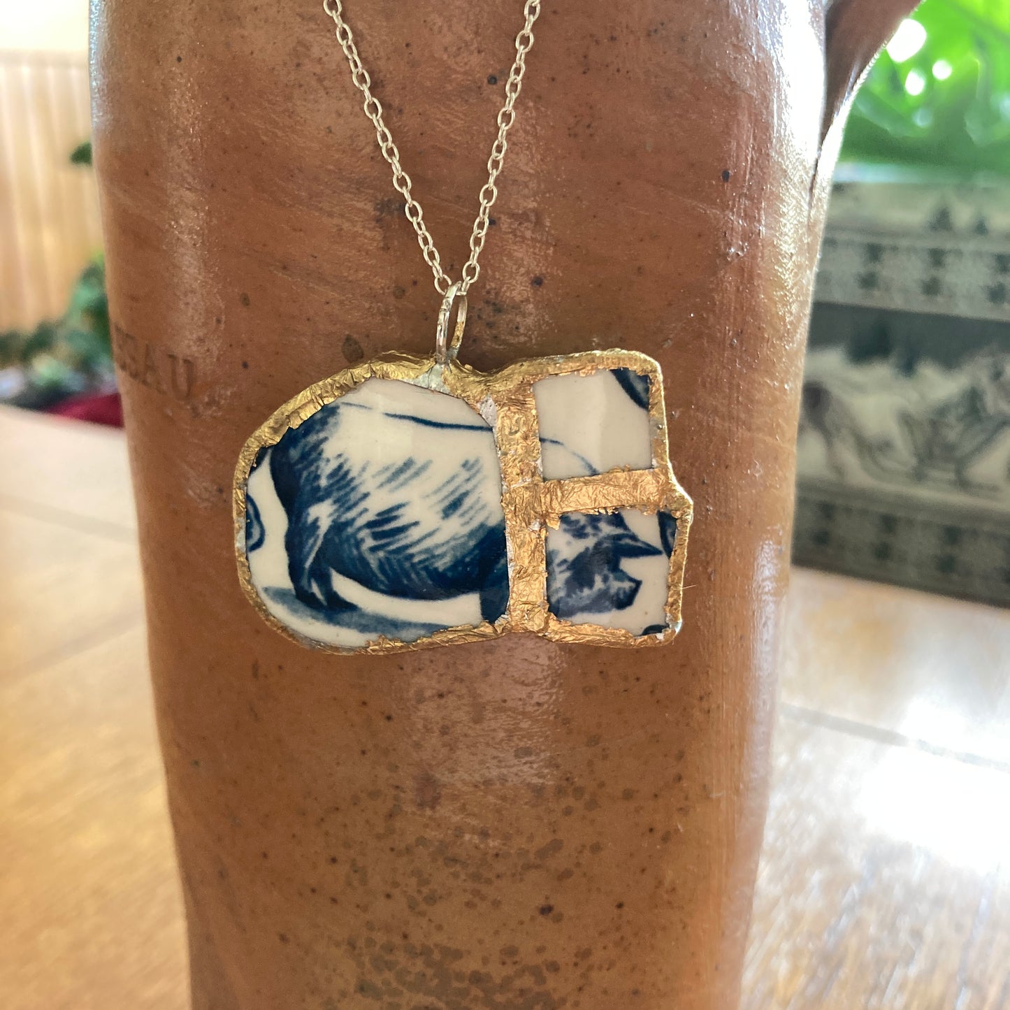 Broken Pottery Artisan Made Pig Pendant Molly Hatch Mug Handcrafted Necklace 1.75 in x 1 1/8 in