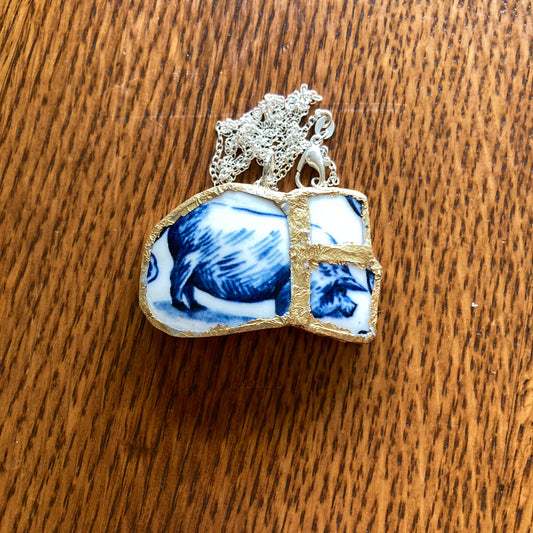 Broken Pottery Artisan Made Pig Pendant Molly Hatch Mug Handcrafted Necklace 1.75 in x 1 1/8 in