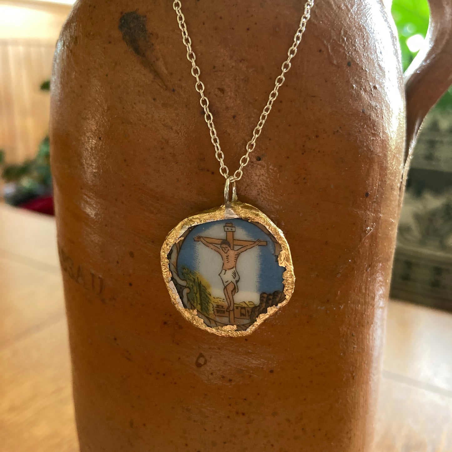 Broken Pottery Artisan Made Pendant Christian Religious Plate Handcrafted Necklace 1 in x 1 in