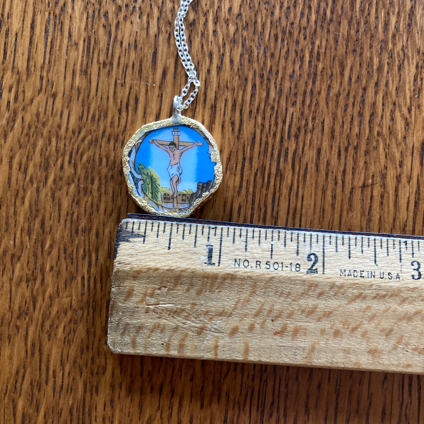 Broken Pottery Artisan Made Pendant Christian Religious Plate Handcrafted Necklace 1 in x 1 in