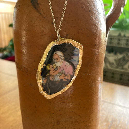 Broken Pottery Artisan Made Pendant Christian Religious Plate Handcrafted Necklace 1 in x 1 7/8 in