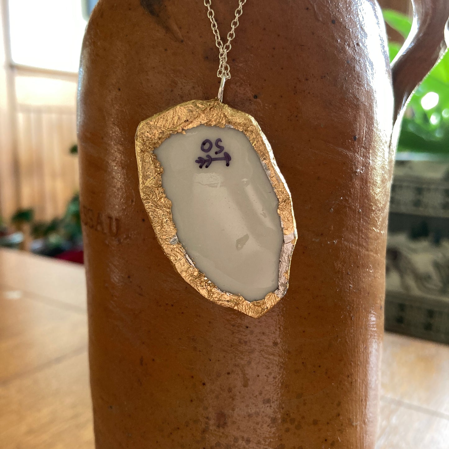Broken Pottery Artisan Made Pendant Christian Religious Plate Handcrafted Necklace 1 in x 1 7/8 in