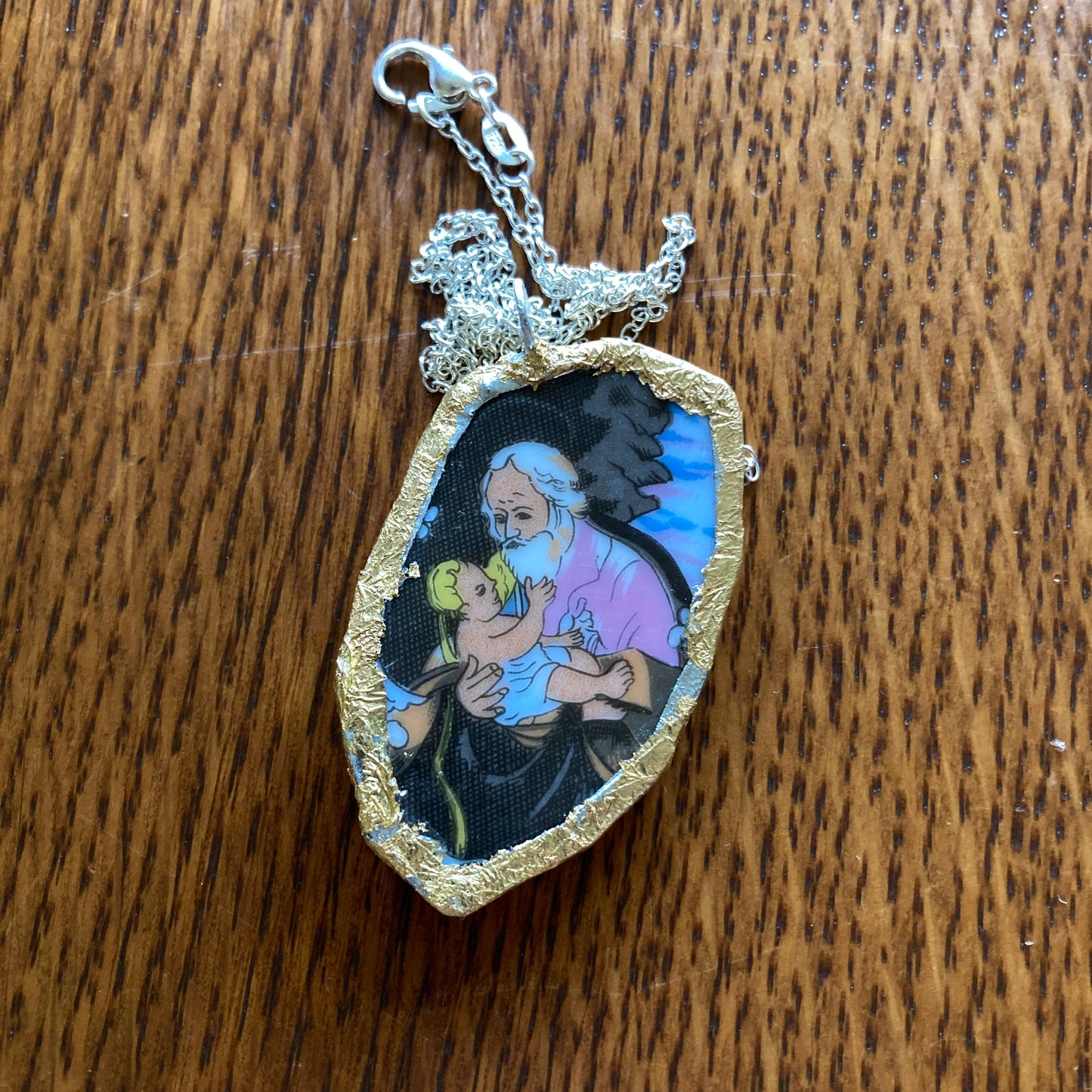 Broken Pottery Artisan Made Pendant Christian Religious Plate Handcrafted Necklace 1 in x 1 7/8 in