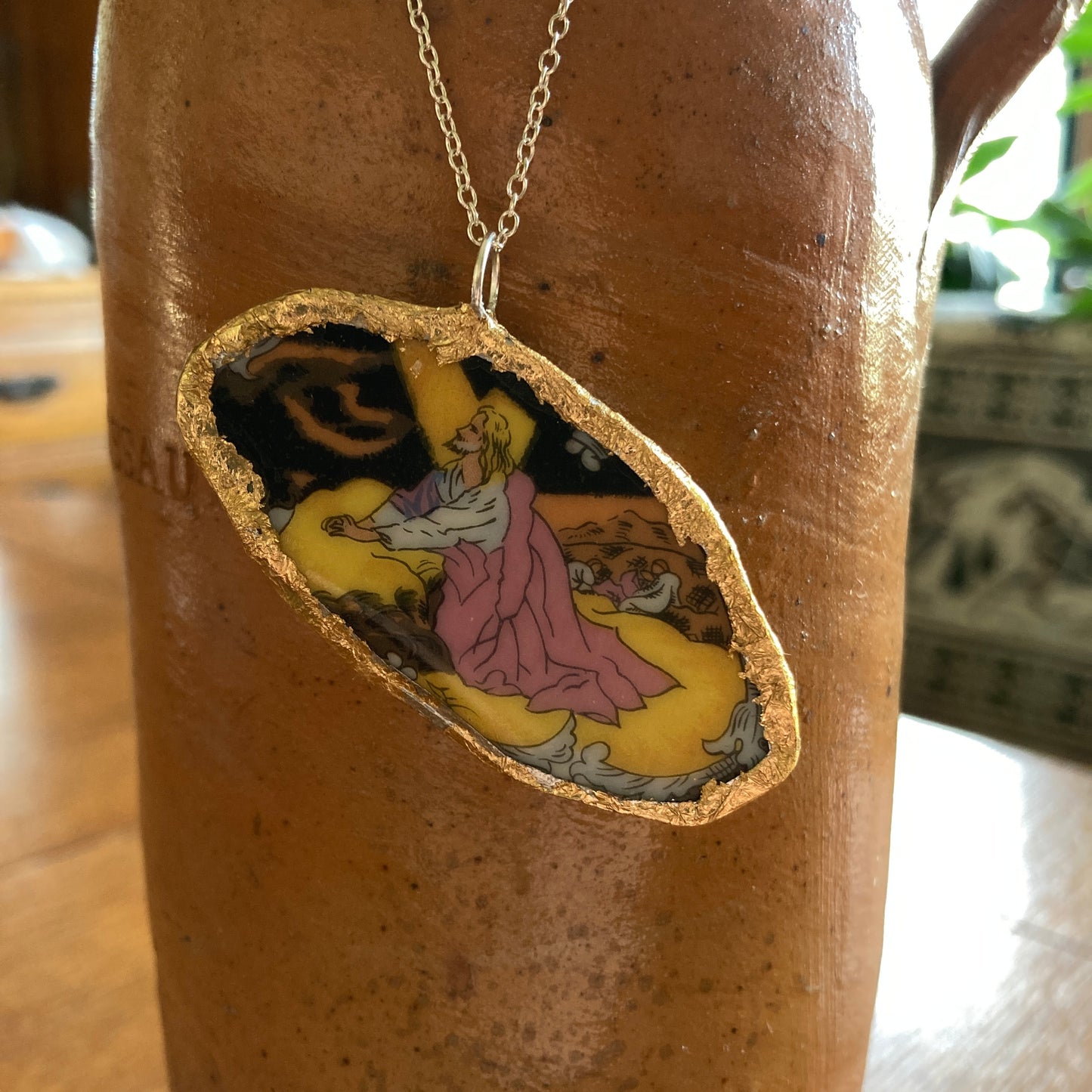Broken Pottery Artisan Made Pendant Christian Religious Plate Handcrafted Necklace 2.25 in x 1.25 in