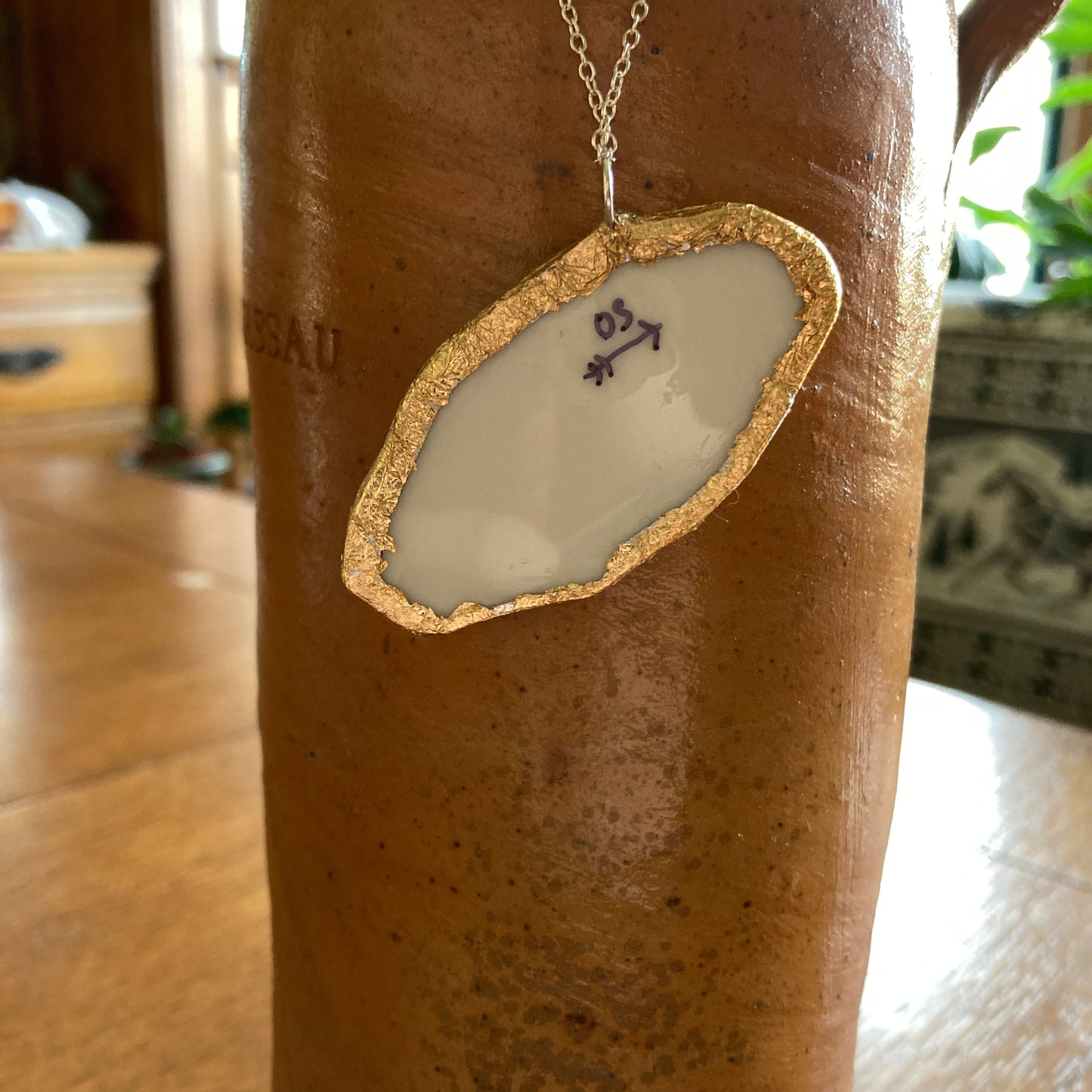 Broken Pottery Artisan Made Pendant Christian Religious Plate Handcrafted Necklace 2.25 in x 1.25 in