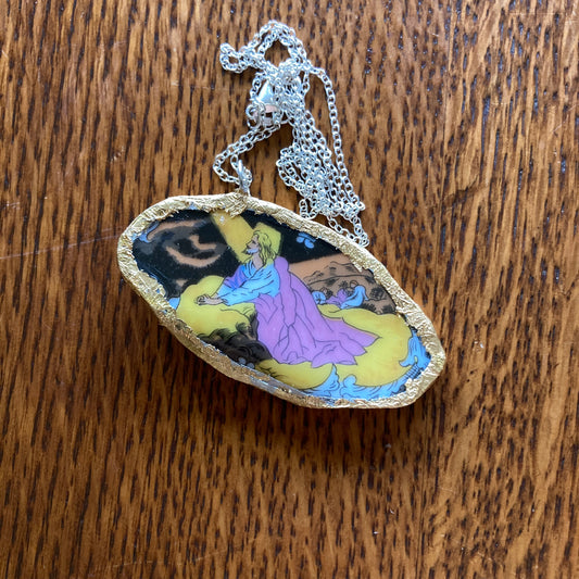 Broken Pottery Artisan Made Pendant Christian Religious Plate Handcrafted Necklace 2.25 in x 1.25 in