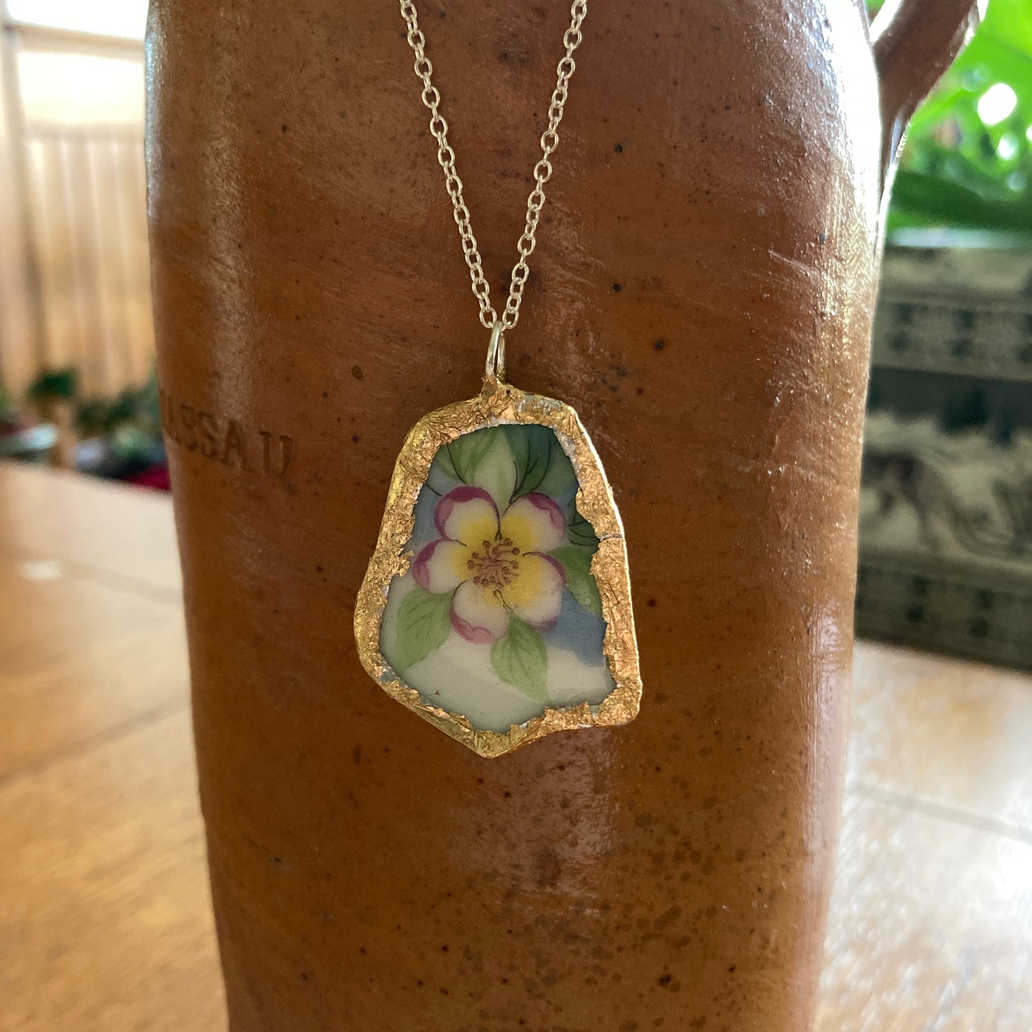 Broken Pottery Artisan Made Pendant Christian Religious Plate Handcrafted Necklace 1 in x 1.25 in