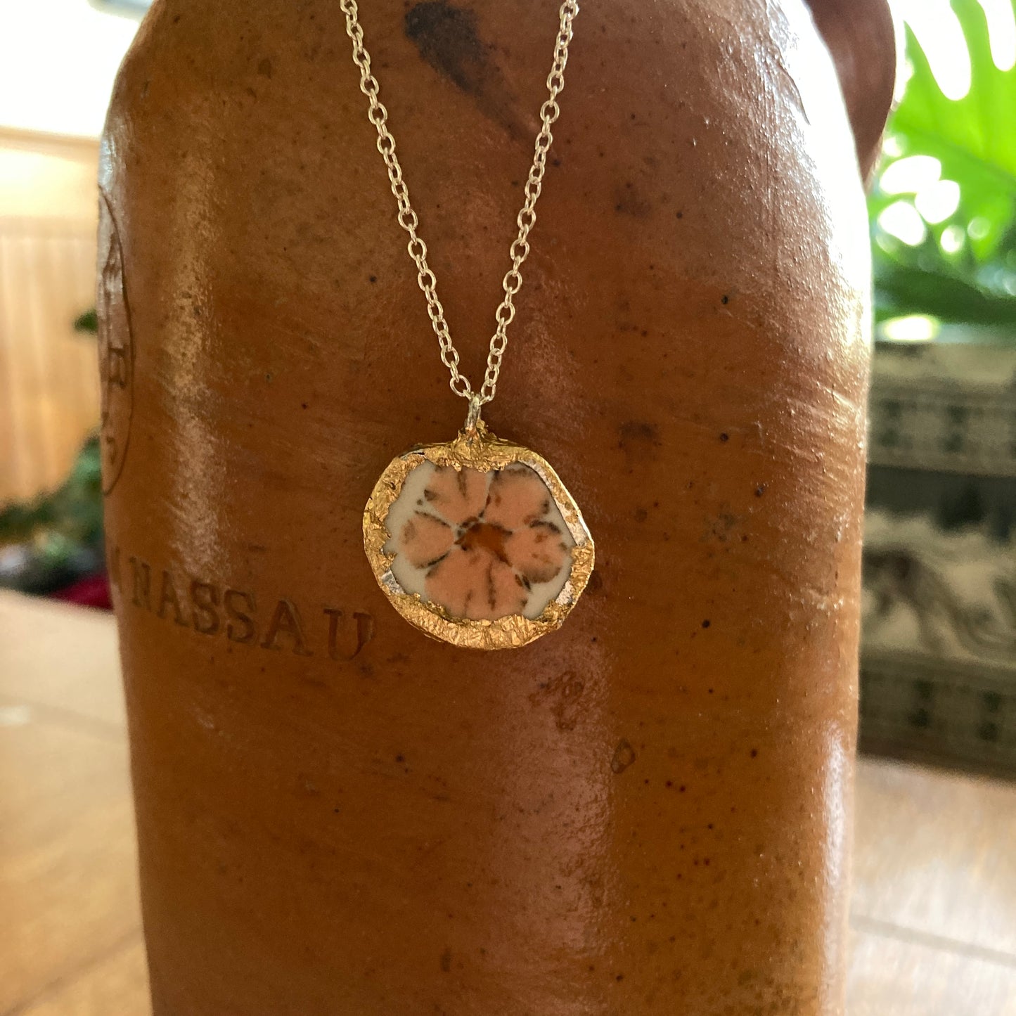 Broken Pottery Artisan Made Floral Pendant Anchor Hocking Stoneware Plate Handcrafted Necklace 3/4 in x 3/4 in