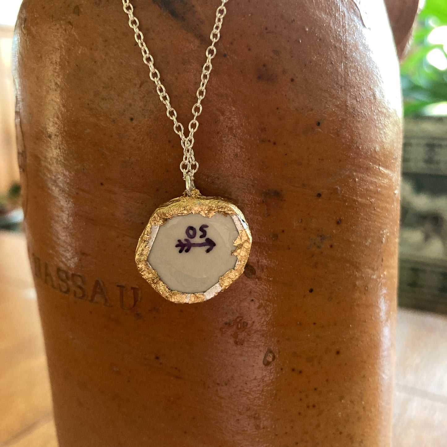 Broken Pottery Artisan Made Floral Pendant Anchor Hocking Stoneware Plate Handcrafted Necklace 3/4 in x 3/4 in