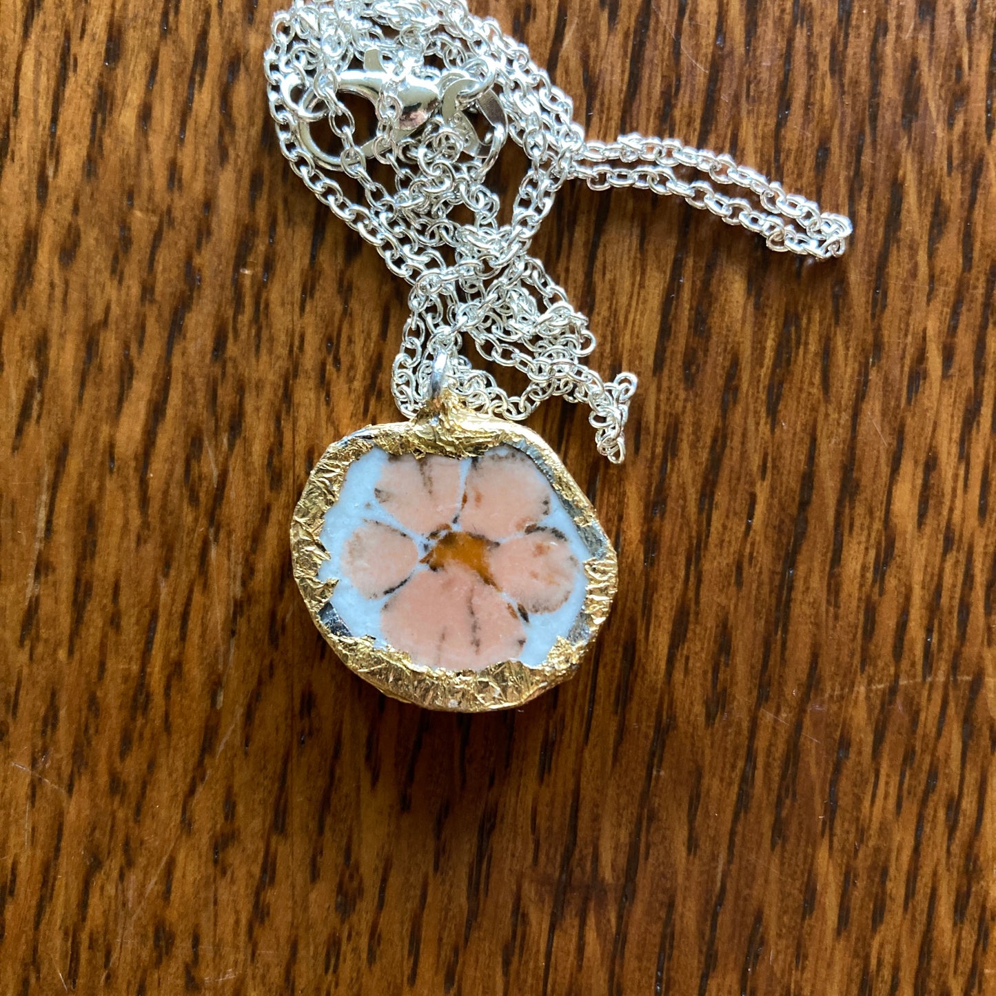 Broken Pottery Artisan Made Floral Pendant Anchor Hocking Stoneware Plate Handcrafted Necklace 3/4 in x 3/4 in