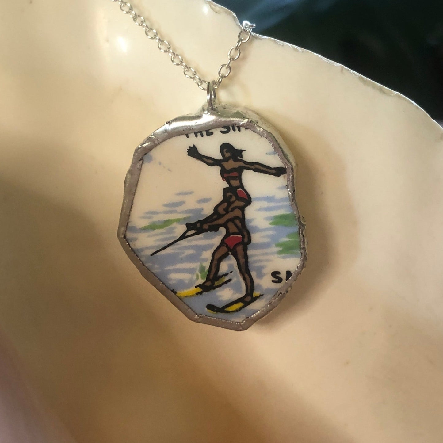 Broken Pottery Artisan Made Water-Ski Pendant Florida Collectors Plate Handcrafted Necklace 1in x 1.25in