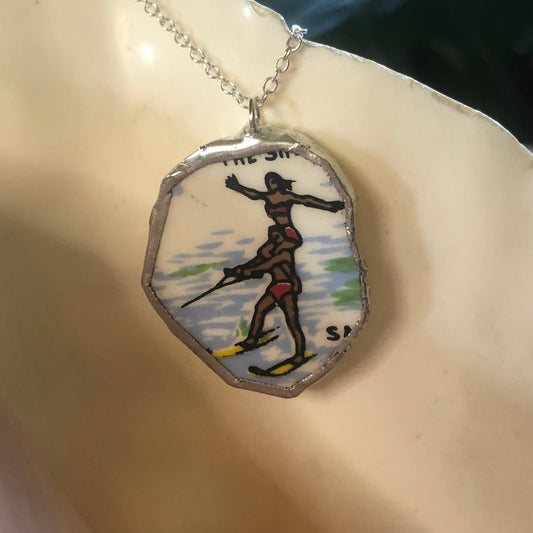 Broken Pottery Artisan Made Water-Ski Pendant Florida Collectors Plate Handcrafted Necklace 1in x 1.25in