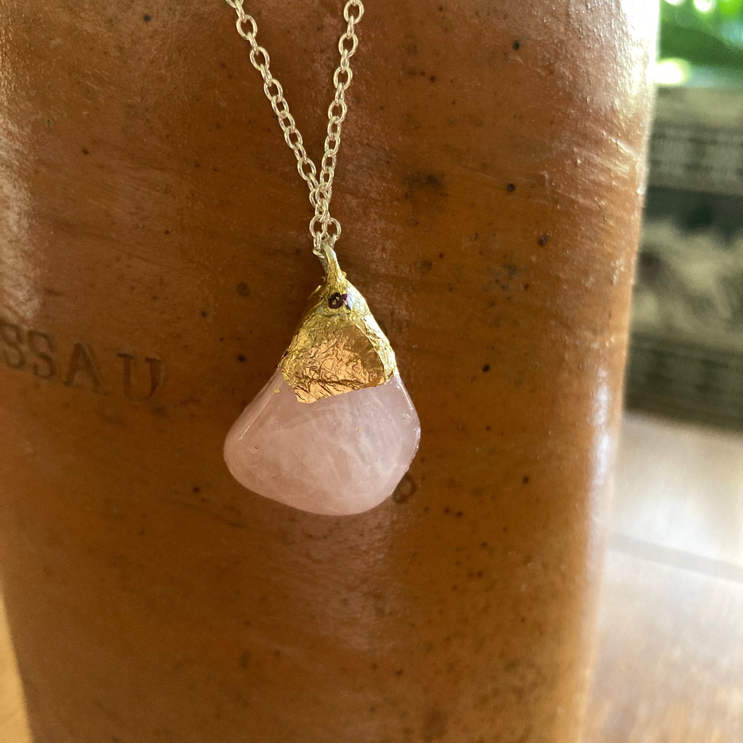 Artisan Made Rock Pendant Resembles Rose Quartz Handcrafted Necklace 3/4 in x 7/8 in