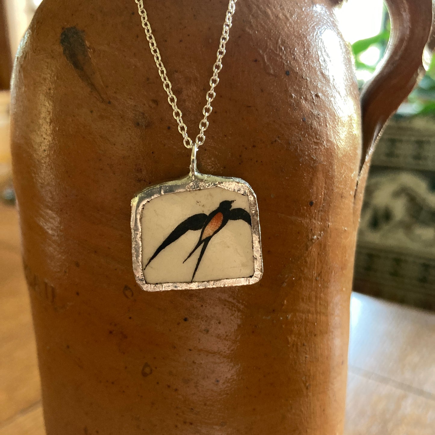 Broken Pottery Artisan Made Swallow Pendant Wells Plate Handcrafted Necklace 1 in x 3/4 in