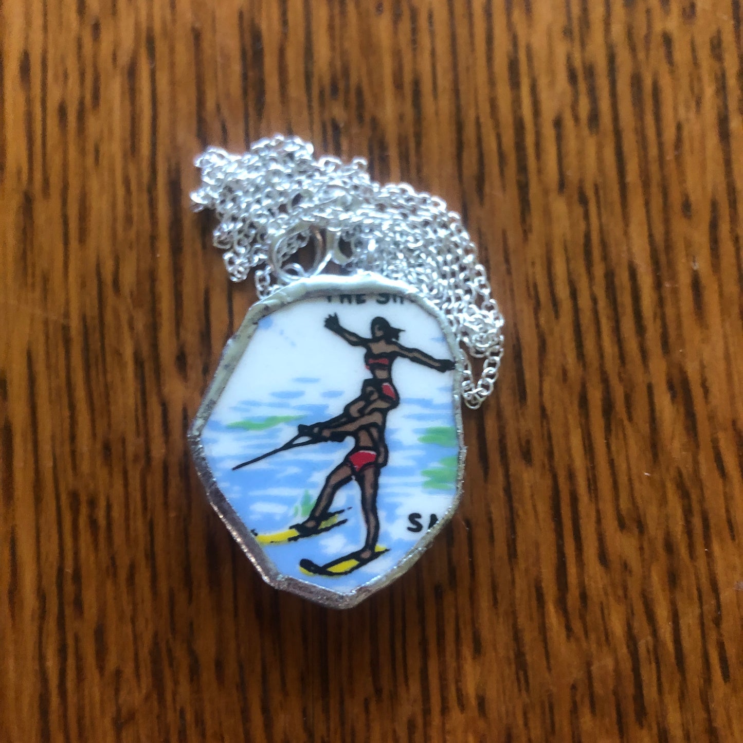Broken Pottery Artisan Made Water-Ski Pendant Florida Collectors Plate Handcrafted Necklace 1in x 1.25in