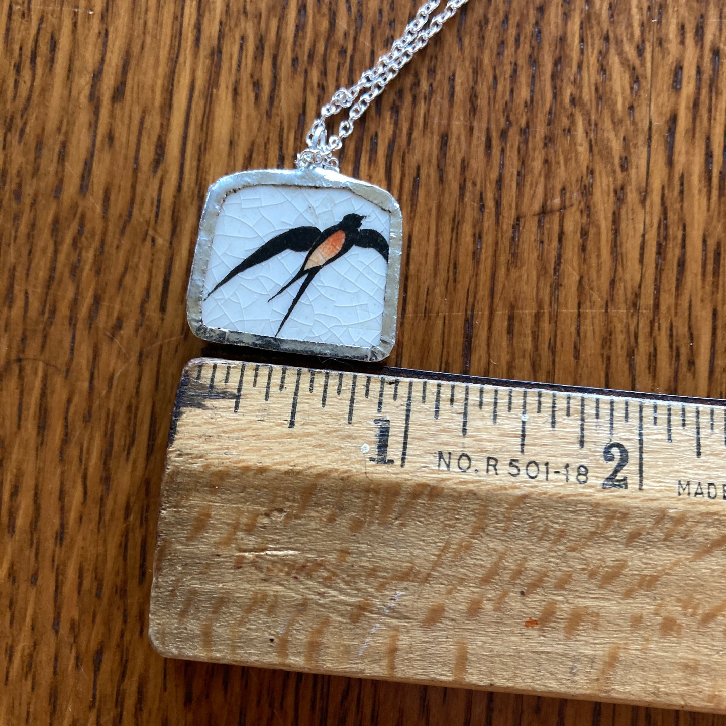 Broken Pottery Artisan Made Swallow Pendant Wells Plate Handcrafted Necklace 1 in x 3/4 in