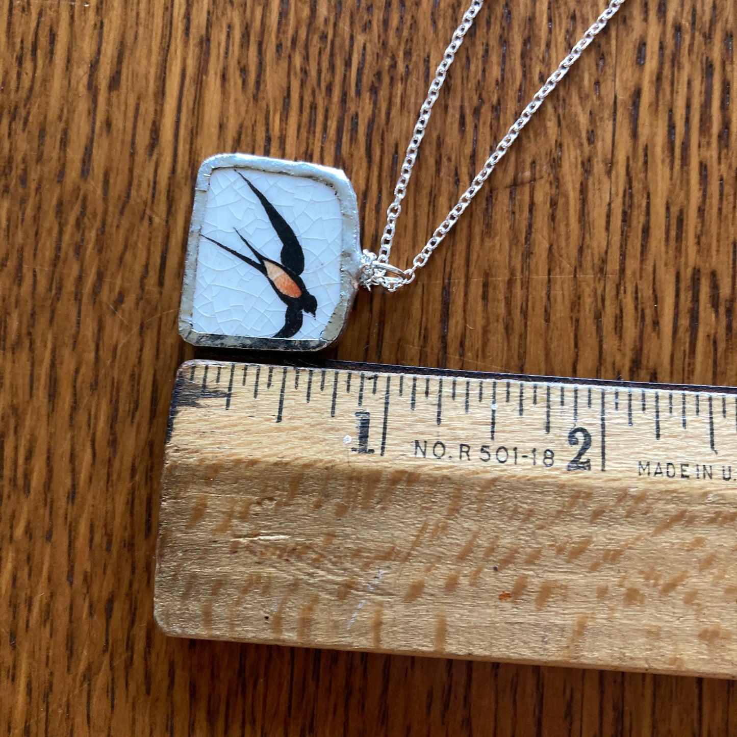 Broken Pottery Artisan Made Swallow Pendant Wells Plate Handcrafted Necklace 1 in x 3/4 in