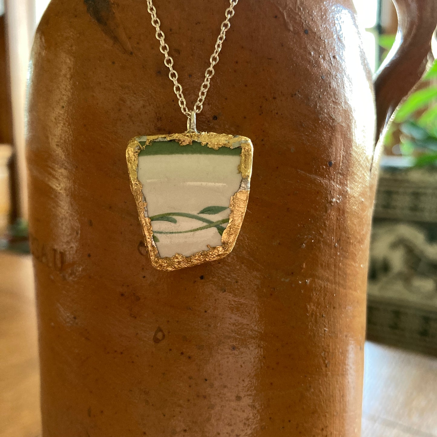Broken Pottery Artisan Made Ivy Pendant Studio Nova Plate Handcrafted Necklace 7/8 in x 1 in