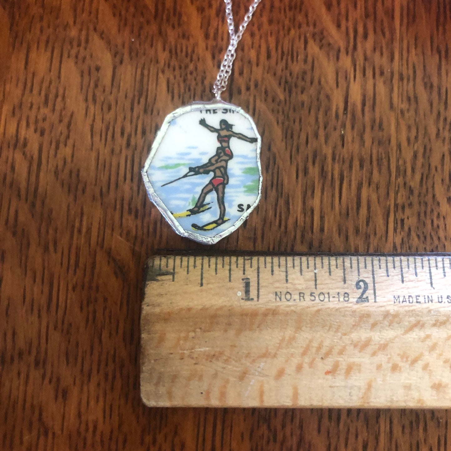 Broken Pottery Artisan Made Water-Ski Pendant Florida Collectors Plate Handcrafted Necklace 1in x 1.25in