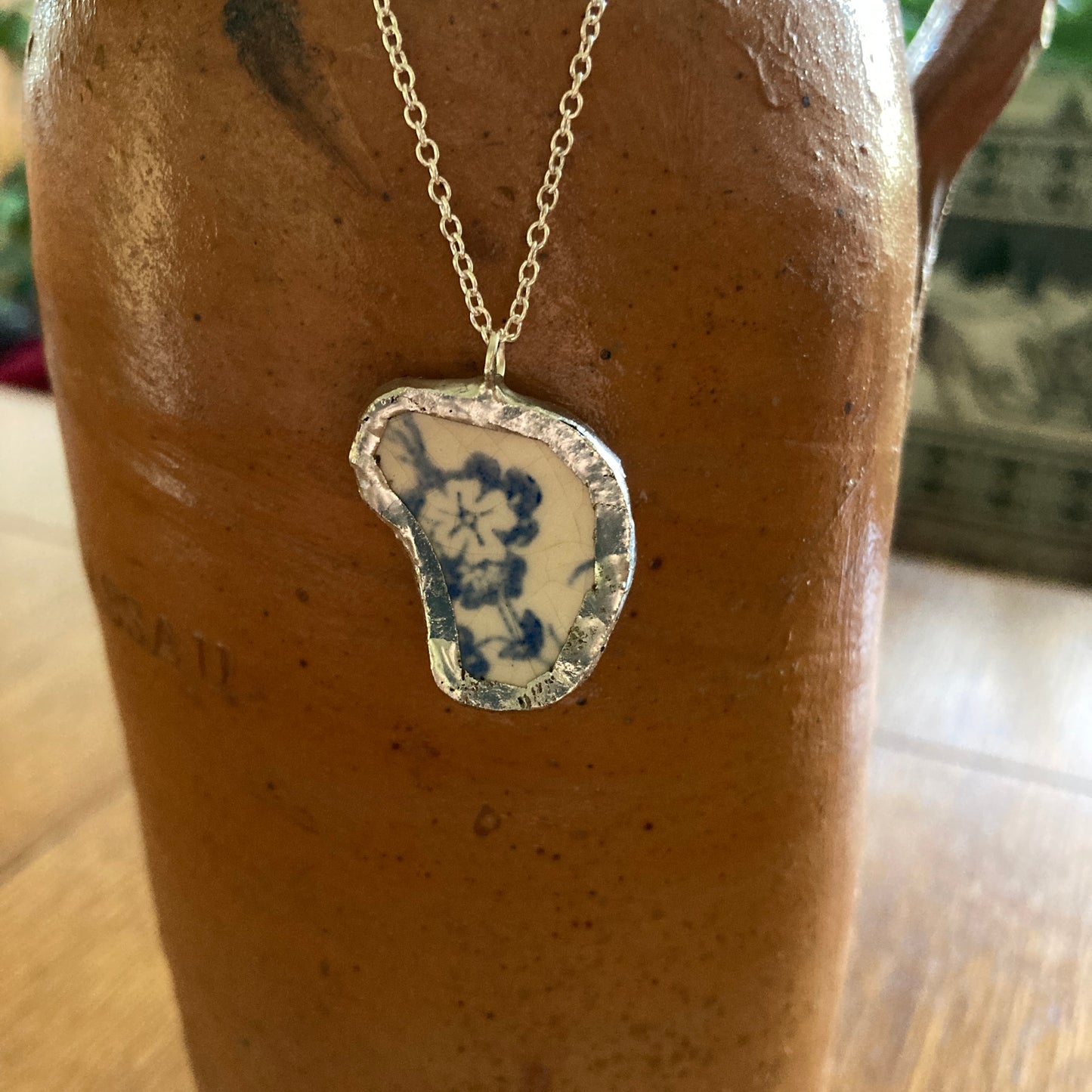Broken Pottery Artisan Made Pendant Unbranded Blue Floral Plate Handcrafted Necklace 7/8 in x 1 in