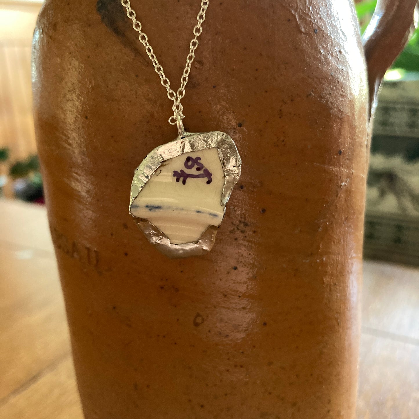 Broken Pottery Artisan Made Pendant Unbranded Blue Floral Plate Handcrafted Necklace 7/8 in x 1 in