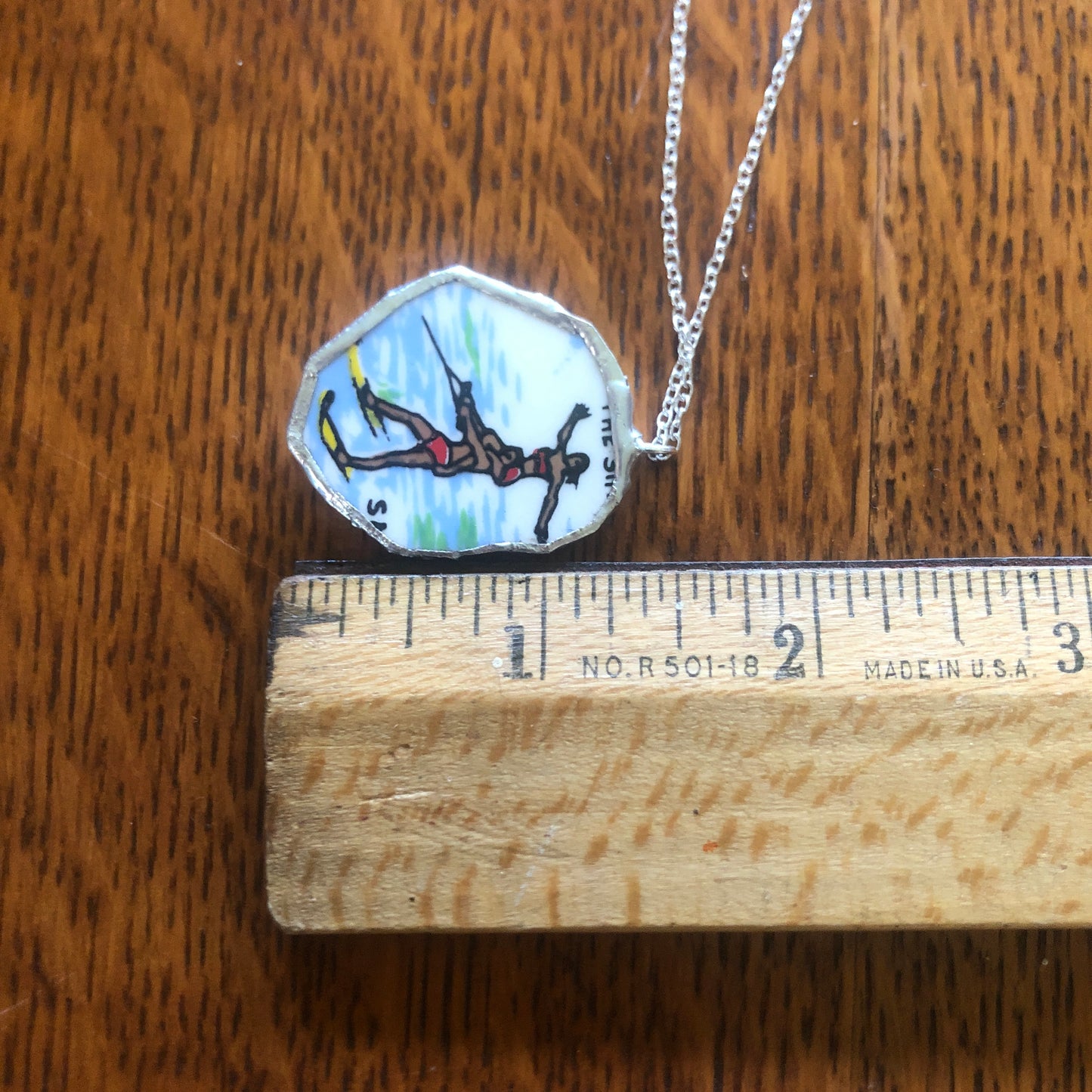 Broken Pottery Artisan Made Water-Ski Pendant Florida Collectors Plate Handcrafted Necklace 1in x 1.25in