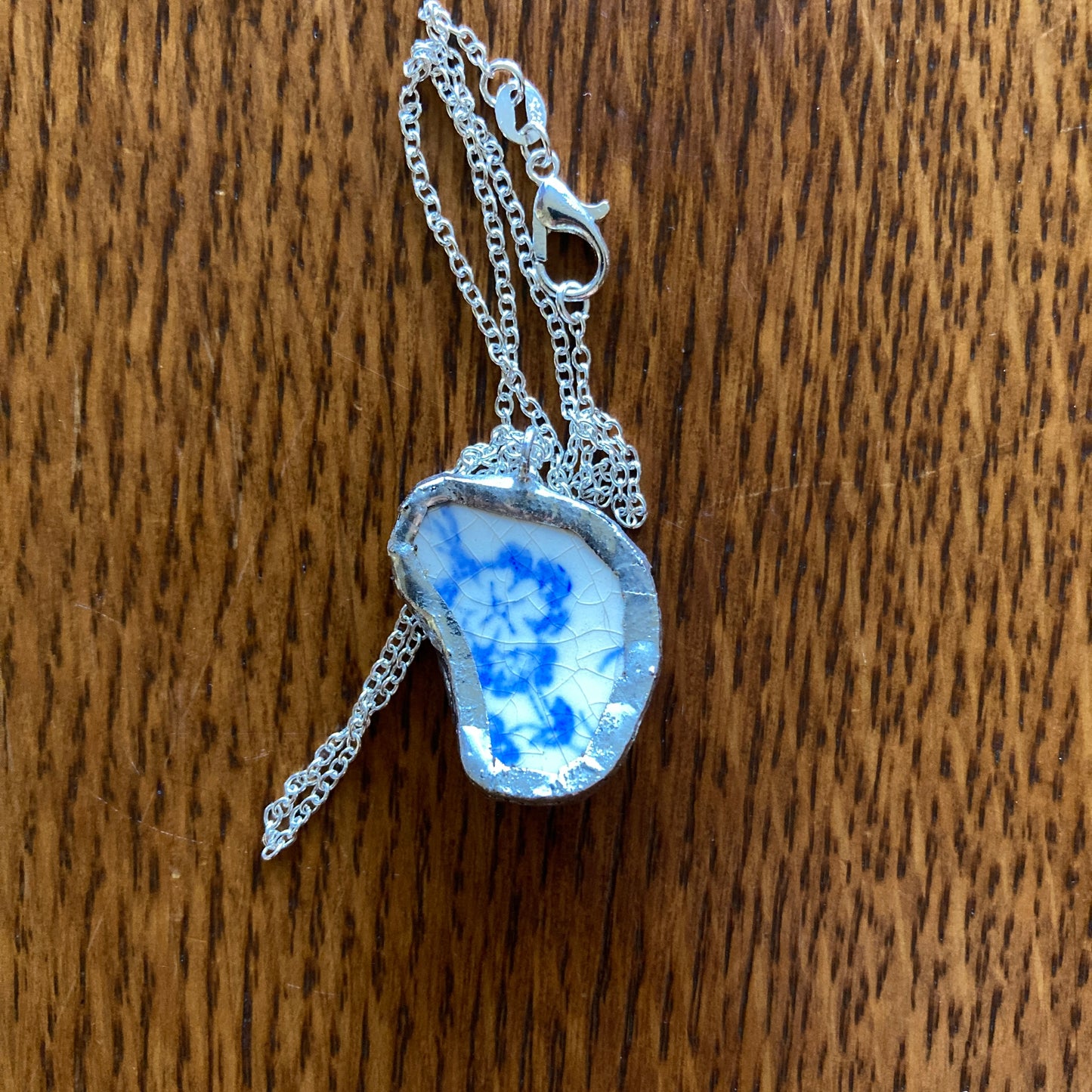 Broken Pottery Artisan Made Pendant Unbranded Blue Floral Plate Handcrafted Necklace 7/8 in x 1 in