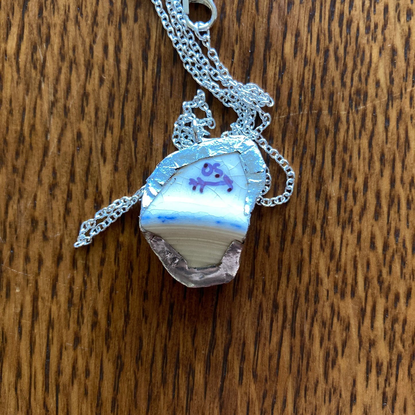 Broken Pottery Artisan Made Pendant Unbranded Blue Floral Plate Handcrafted Necklace 7/8 in x 1 in