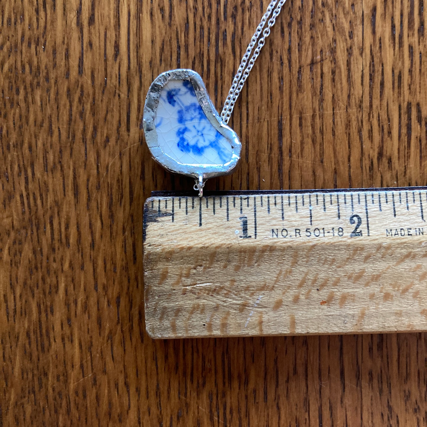 Broken Pottery Artisan Made Pendant Unbranded Blue Floral Plate Handcrafted Necklace 7/8 in x 1 in