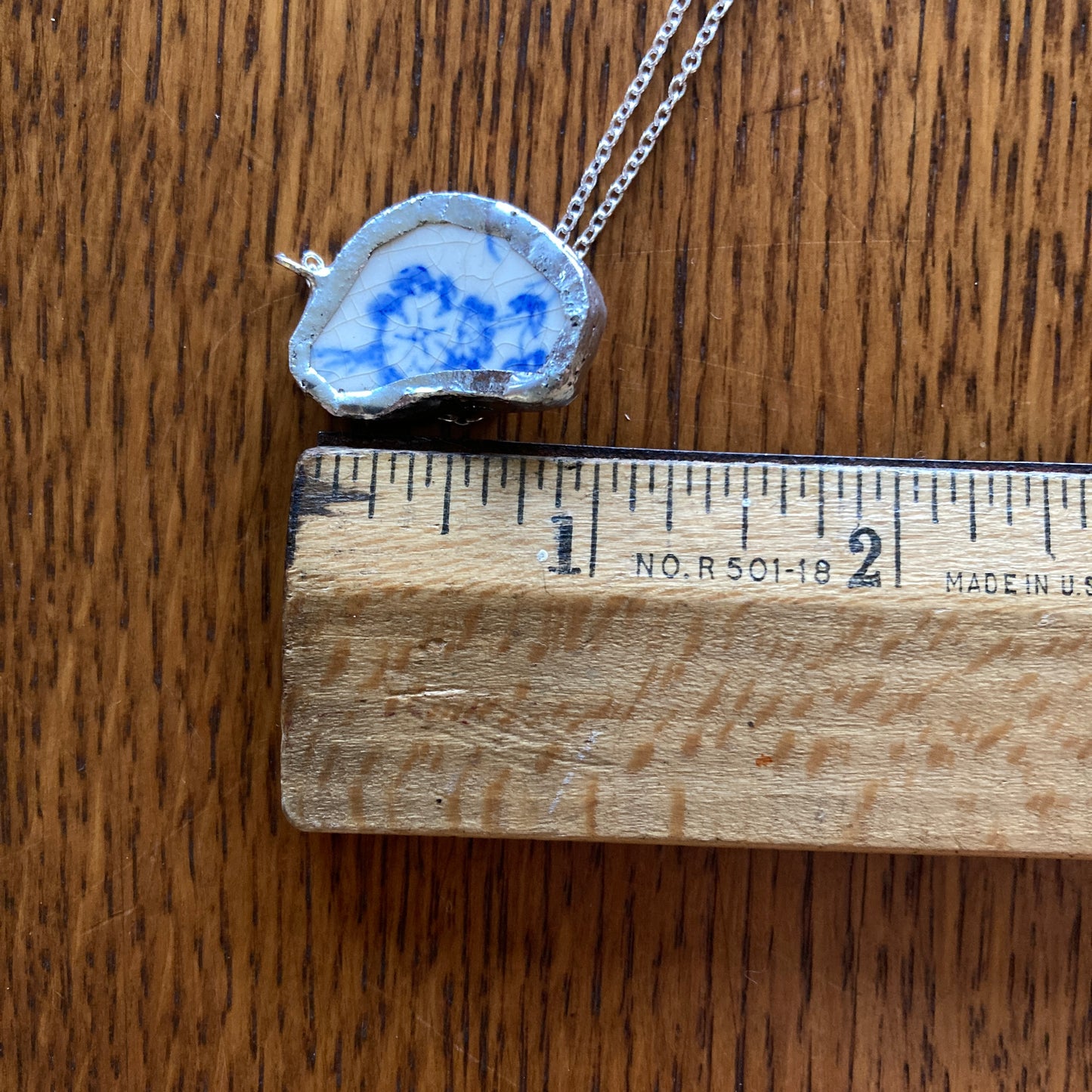 Broken Pottery Artisan Made Pendant Unbranded Blue Floral Plate Handcrafted Necklace 7/8 in x 1 in