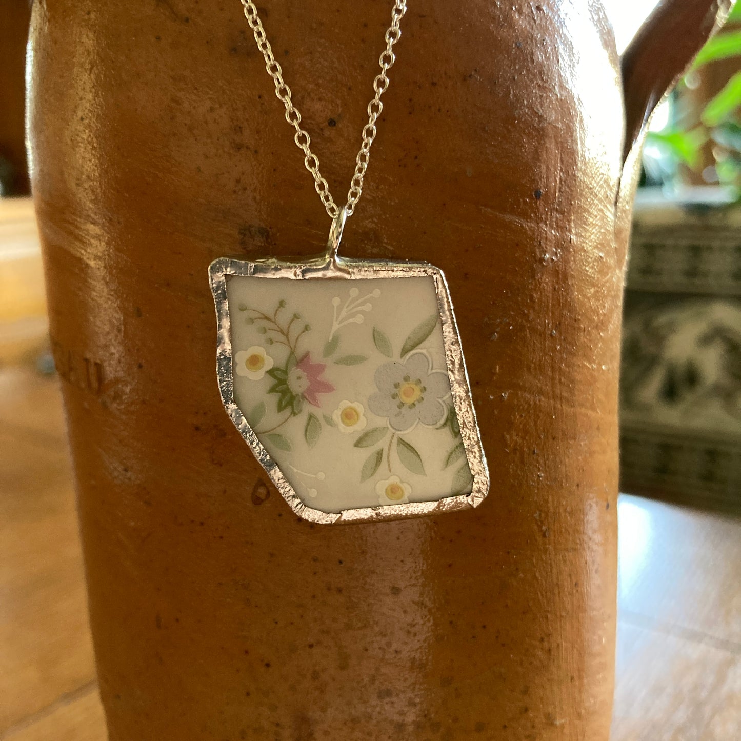 Broken Pottery Artisan Made Floral Pendant Johann Haviland Bavaria Germany Plate Handcrafted Necklace 1 1/8 in x 1.25 in