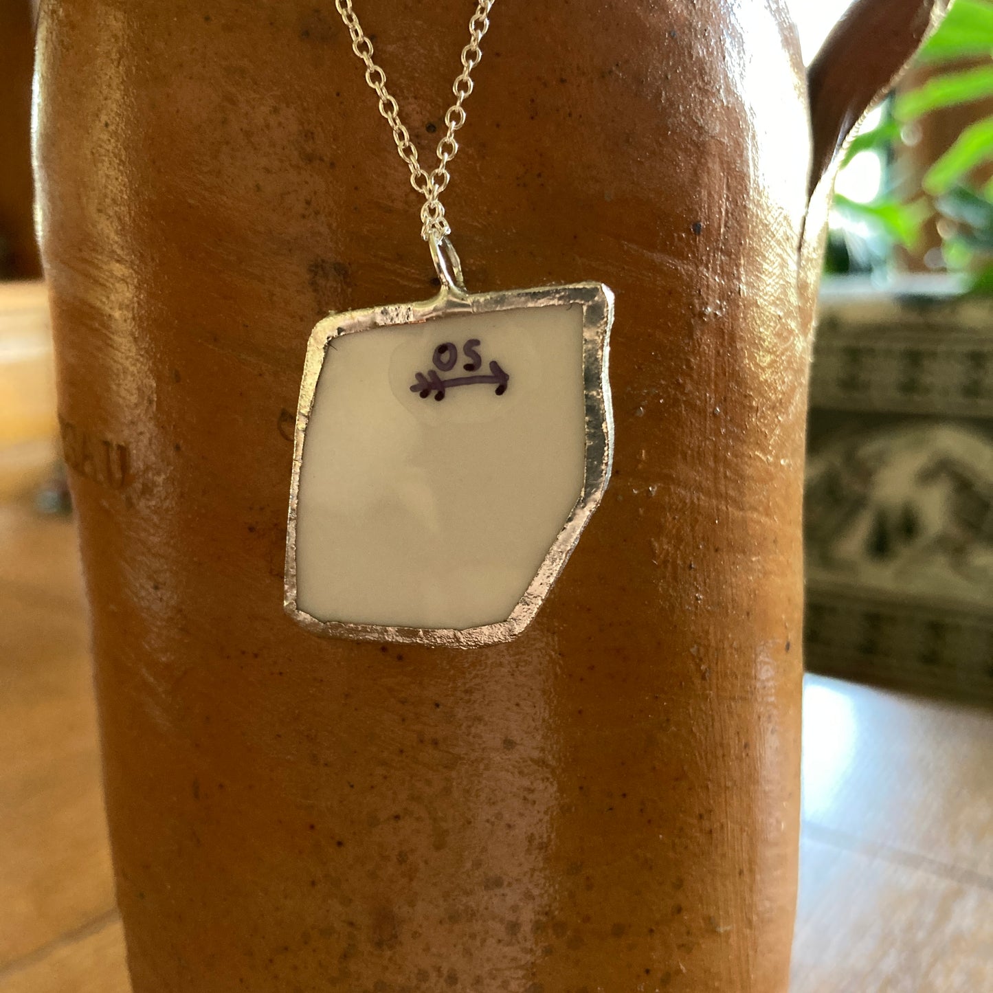 Broken Pottery Artisan Made Floral Pendant Johann Haviland Bavaria Germany Plate Handcrafted Necklace 1 1/8 in x 1.25 in