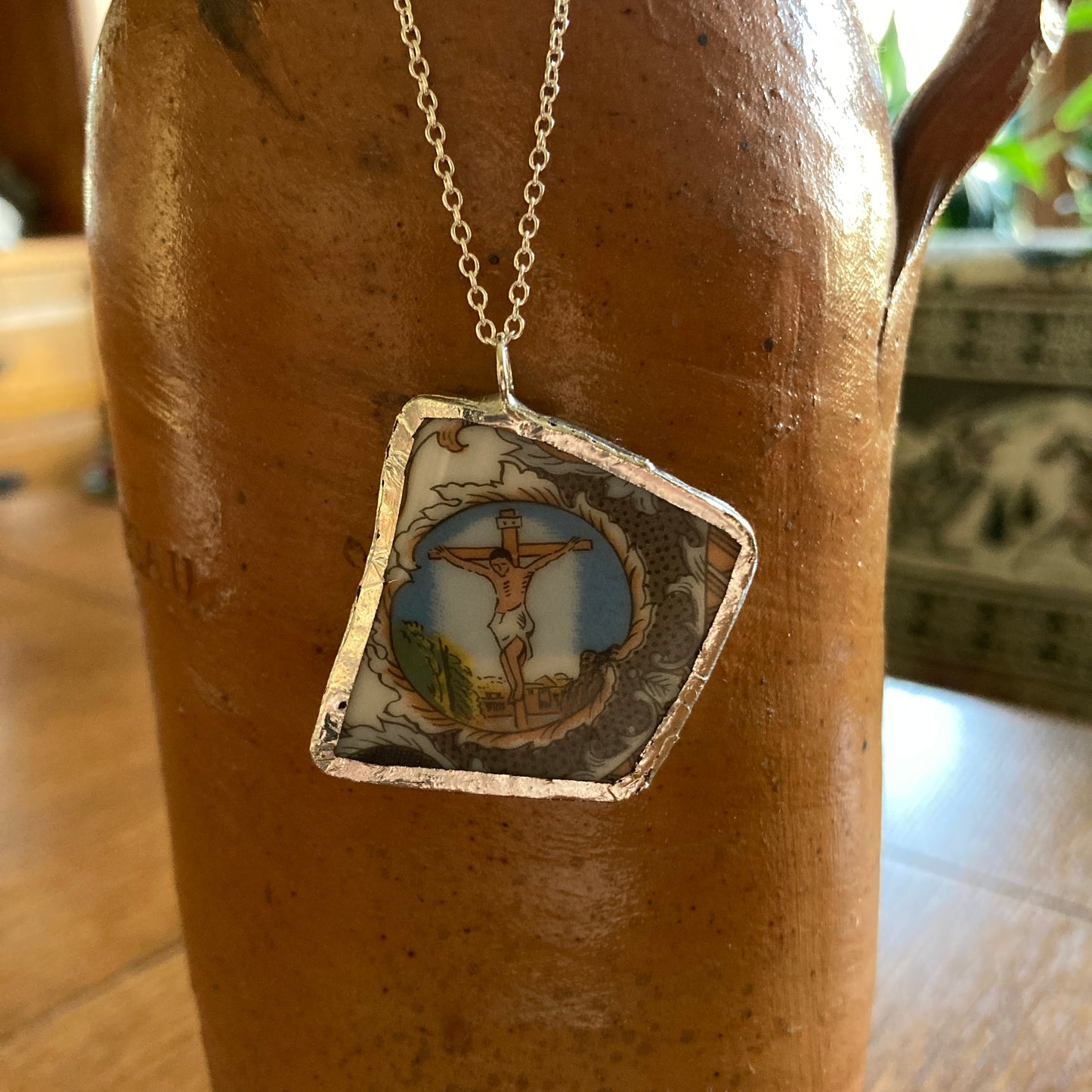 Broken Pottery Artisan Made Pendant Christian Religious Plate Handcrafted Necklace 1.5 in x 1.5 in
