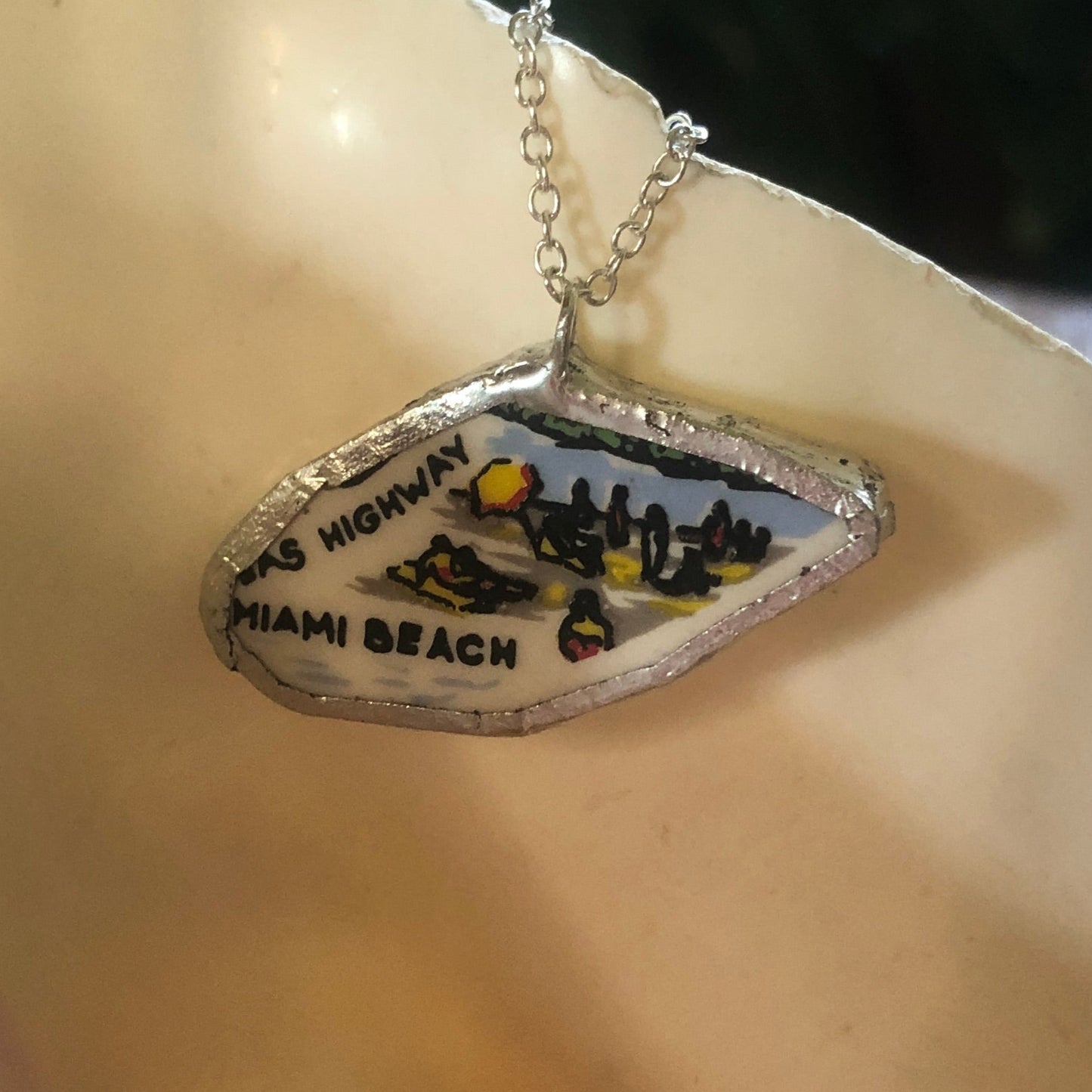 Broken Pottery Artisan Made Miami Beach Pendant Florida Collectors Plate Handcrafted Necklace 1 3/8in x 3/4in