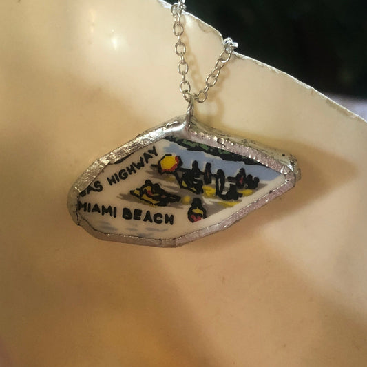 Broken Pottery Artisan Made Miami Beach Pendant Florida Collectors Plate Handcrafted Necklace 1 3/8in x 3/4in