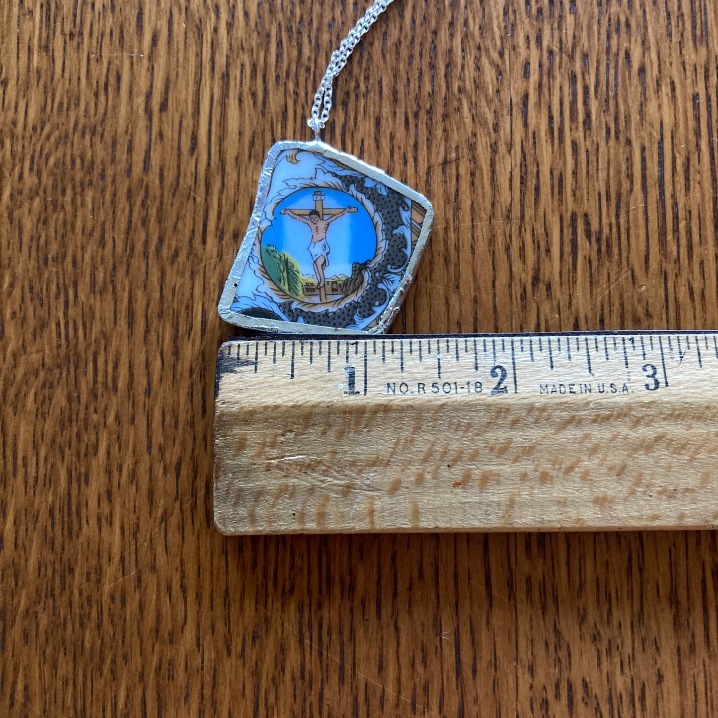 Broken Pottery Artisan Made Pendant Christian Religious Plate Handcrafted Necklace 1.5 in x 1.5 in