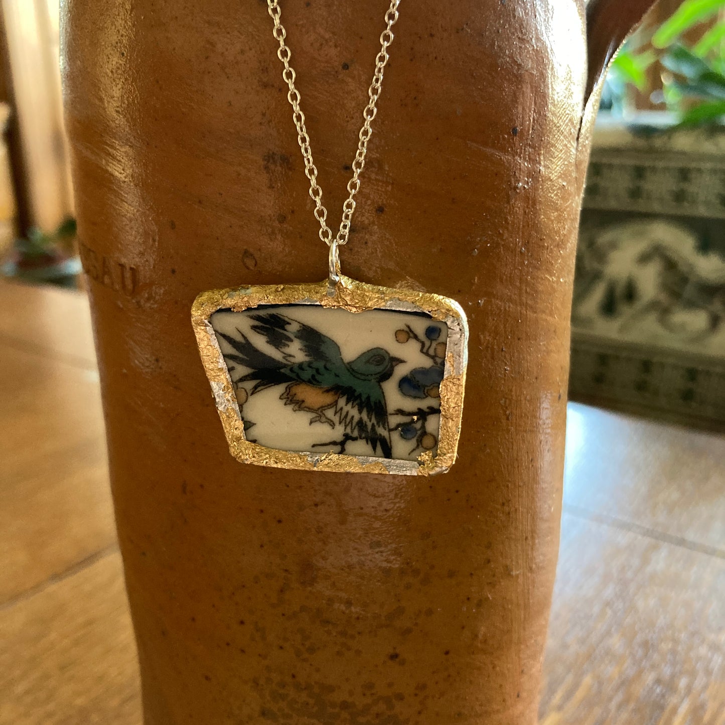 Broken Pottery Artisan Made Pendant Old Ivory Syracuse China Plate Handcrafted Necklace 1.5 in x 1 in