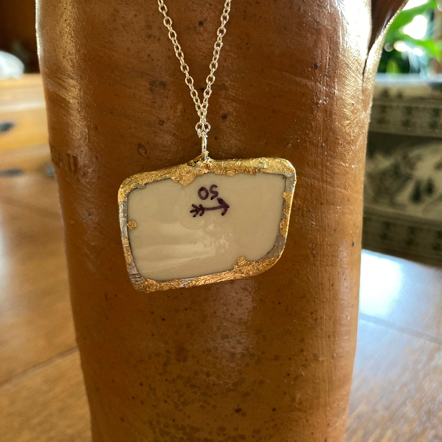 Broken Pottery Artisan Made Pendant Old Ivory Syracuse China Plate Handcrafted Necklace 1.5 in x 1 in