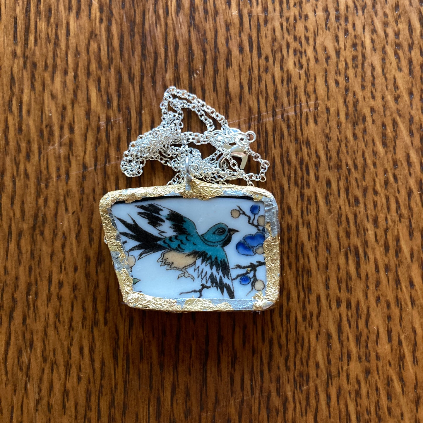 Broken Pottery Artisan Made Pendant Old Ivory Syracuse China Plate Handcrafted Necklace 1.5 in x 1 in