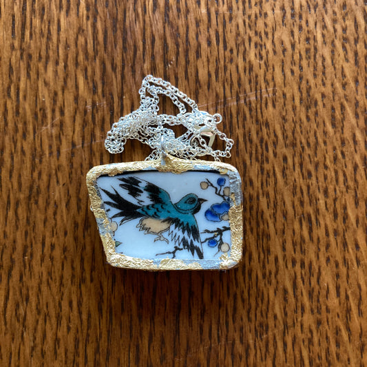 Broken Pottery Artisan Made Pendant Old Ivory Syracuse China Plate Handcrafted Necklace 1.5 in x 1 in