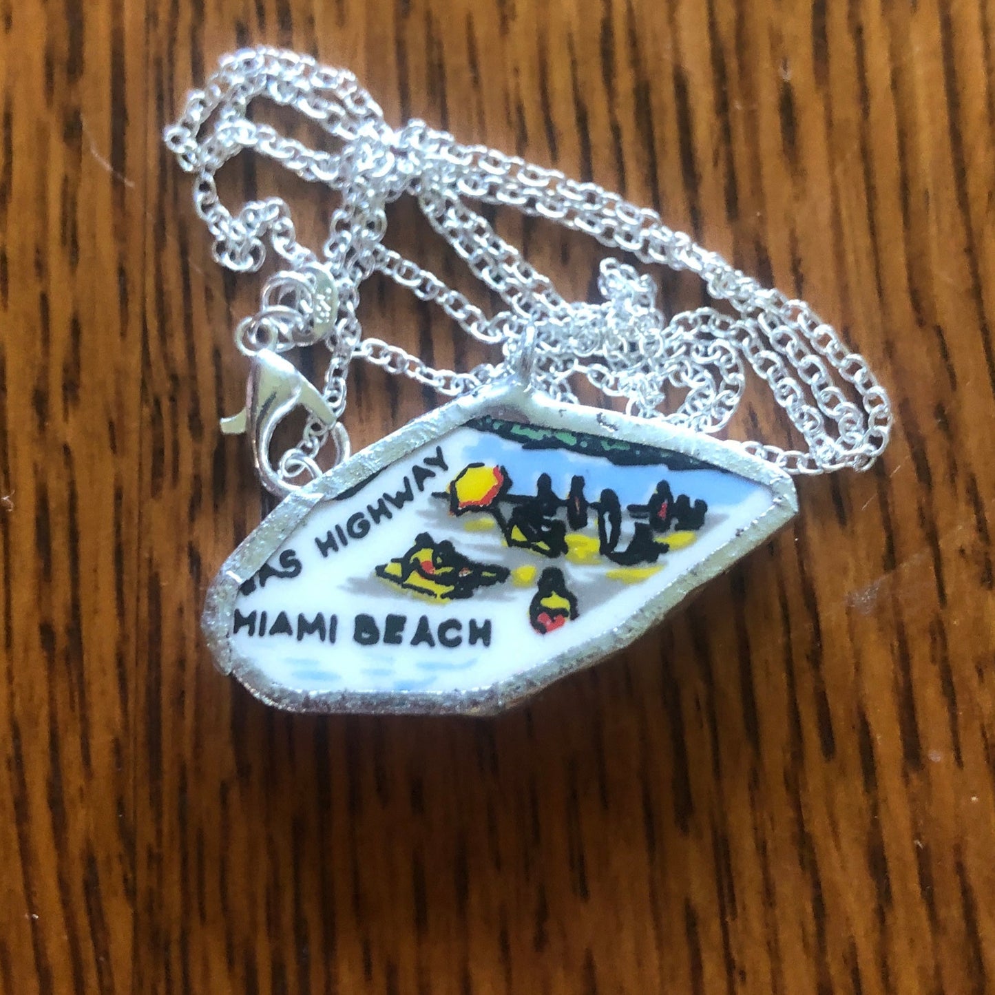 Broken Pottery Artisan Made Miami Beach Pendant Florida Collectors Plate Handcrafted Necklace 1 3/8in x 3/4in